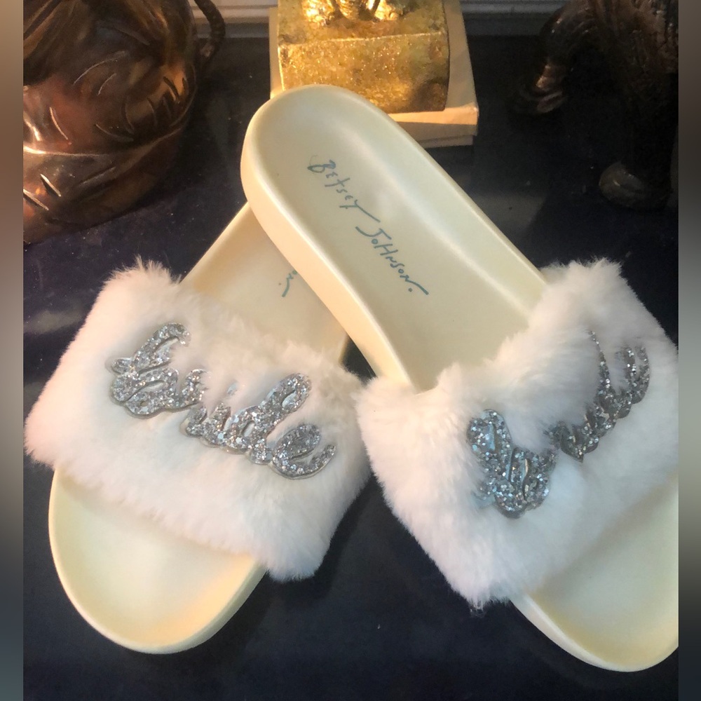 Betsey Johnson White Bride Fur Slides
